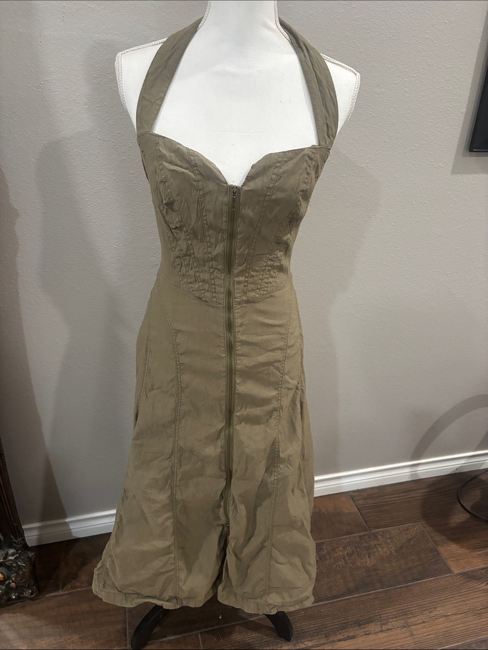 Anthropologie Olive-Taupe Halter Midi Dress